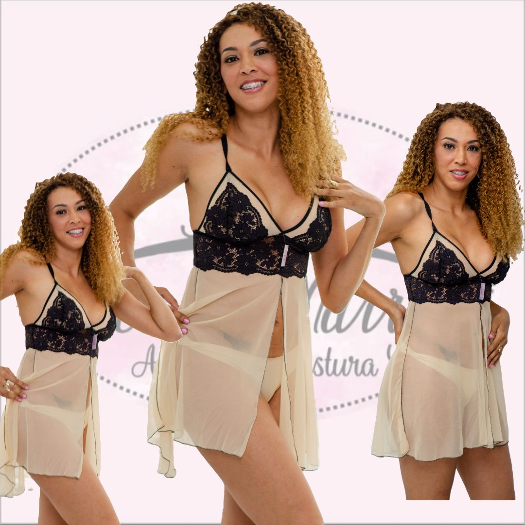 Camisola Requinte em Tule de Malha e Renda de Poliamida