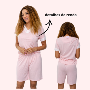 Pijama Meia Estação estampado POA com Detalhes em Renda