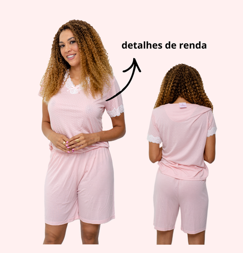 Pijama Meia Estação estampado POA com Detalhes em Renda