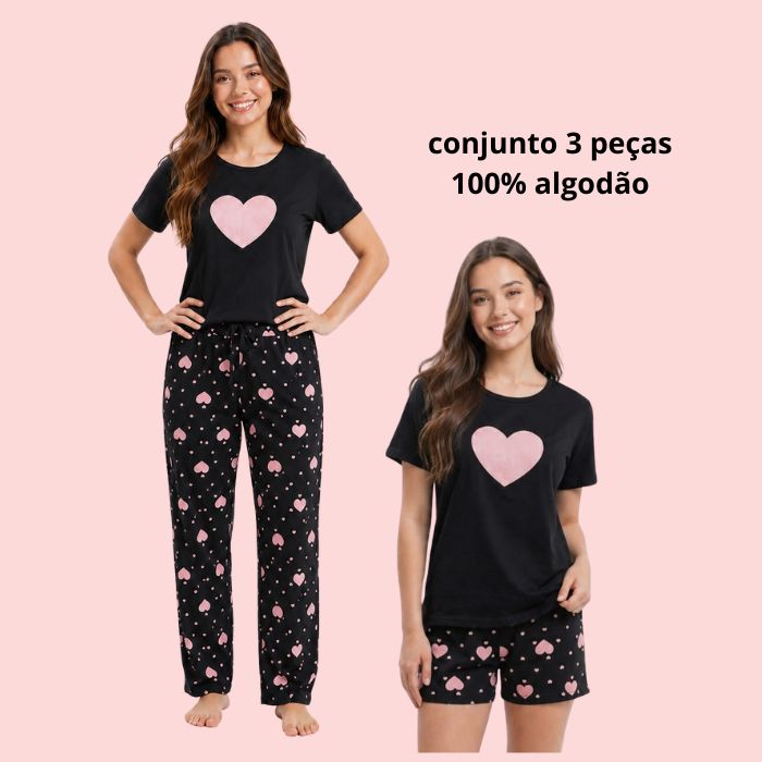 Pijama Feminino 3 Peças em malha de Algodão