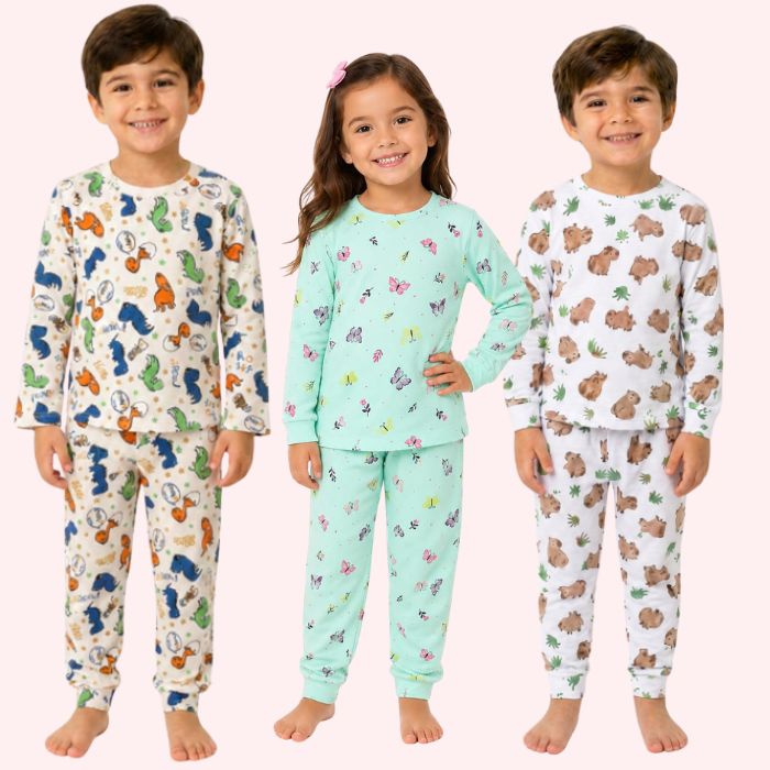 Pijama Infantil de Inverno Estampado em Malha 100% Algodão