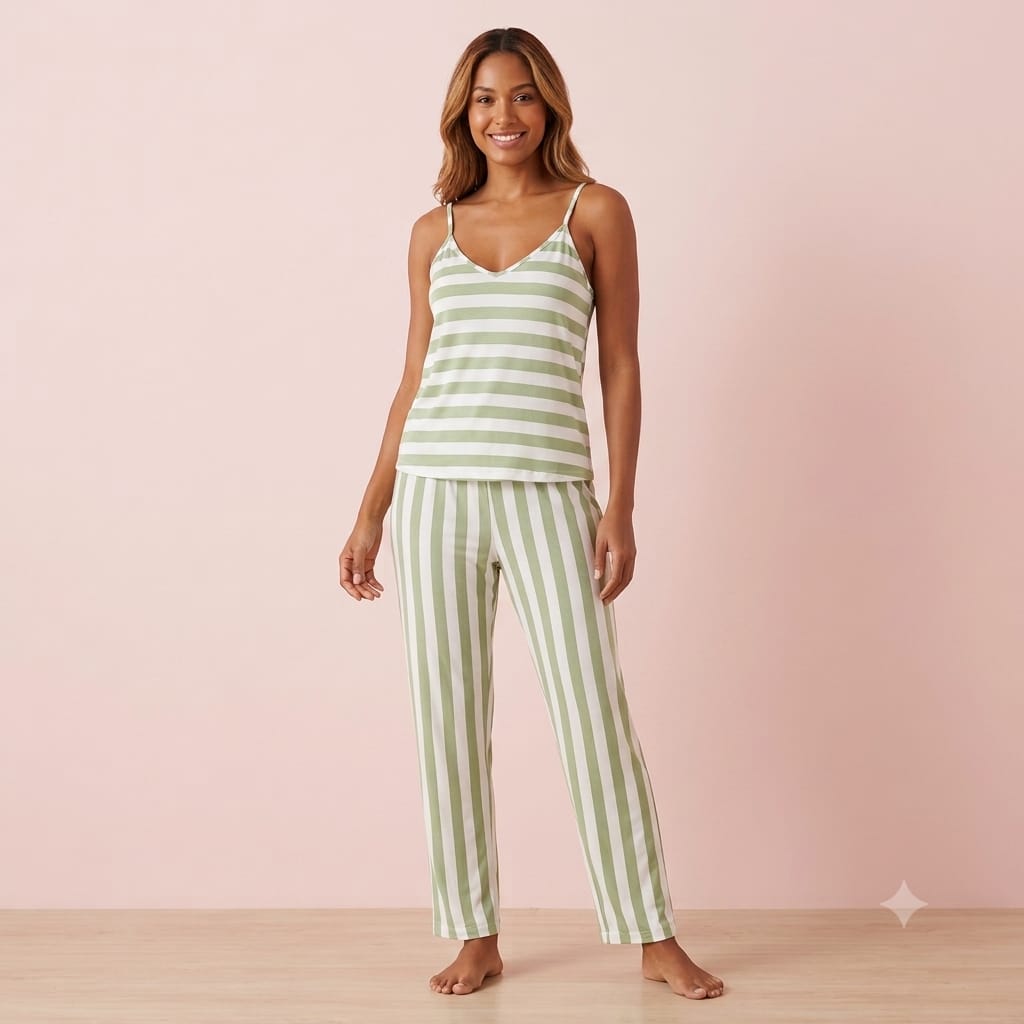 Pijama Feminino Listrado Verde e Off White em Malha Viscolycra – Blusa de Alça e Calça